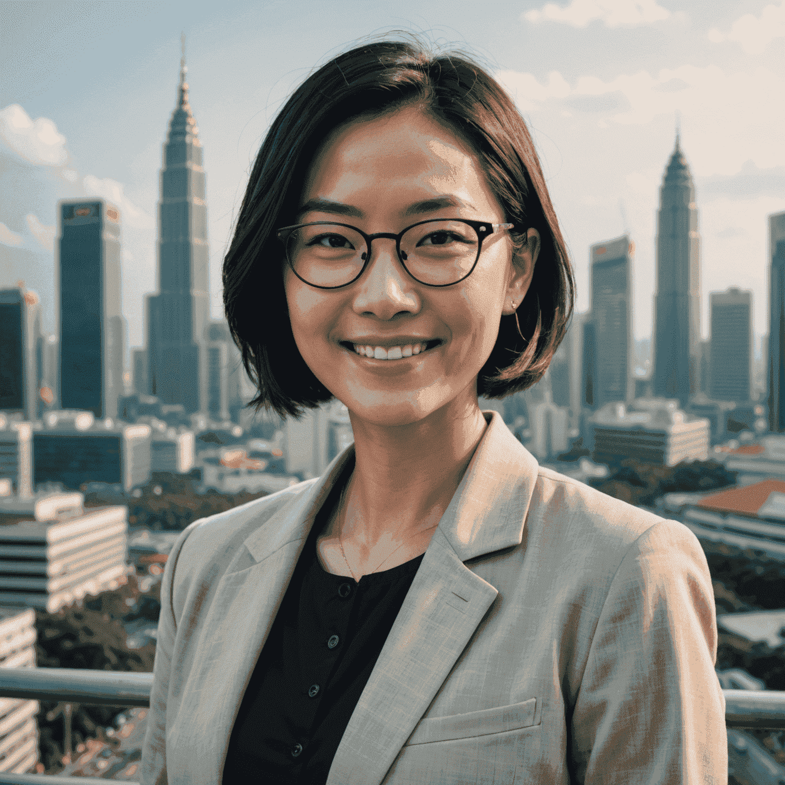 Portrait of Sarah Lee, an Asian woman in her 30s with short black hair, wearing glasses and a professional blazer, smiling at the camera. Background shows a blurred cityscape of Kuala Lumpur.