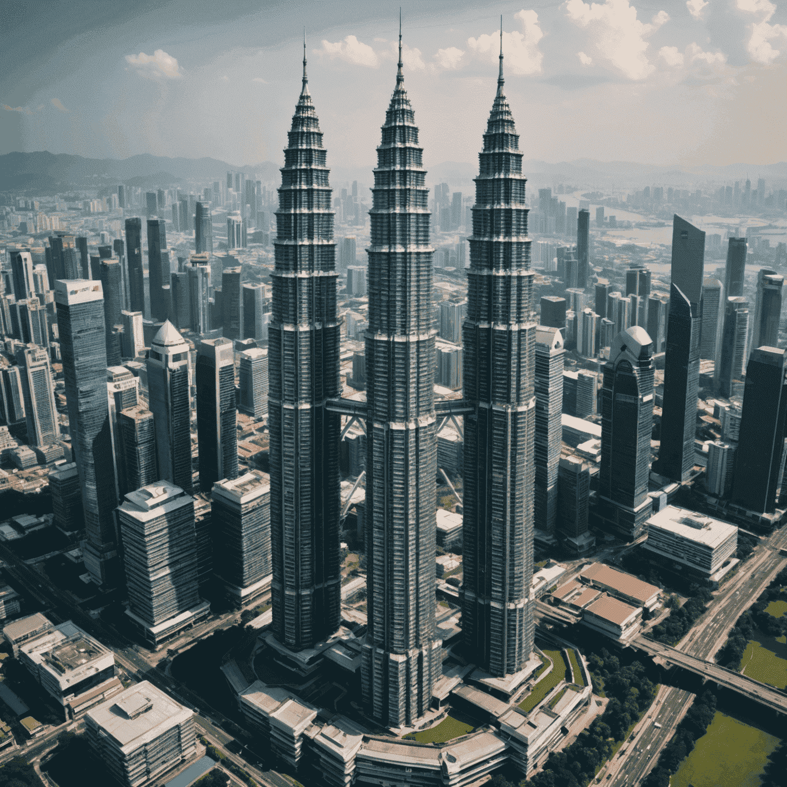 Aerial view of Petronas Twin Towers showcasing their architectural design and surrounding cityscape