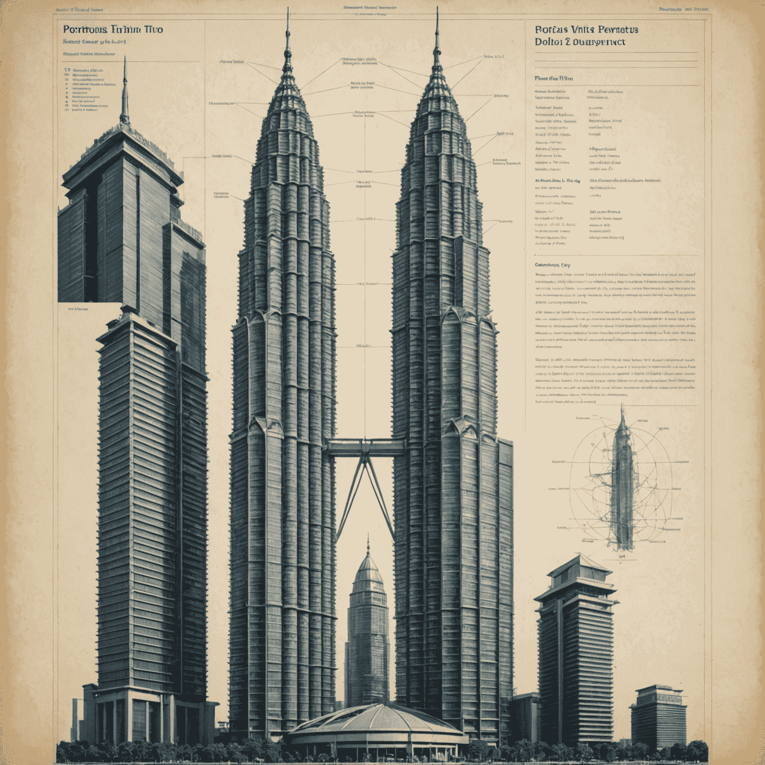 Detailed architectural drawing of Petronas Twin Towers showing its unique design features