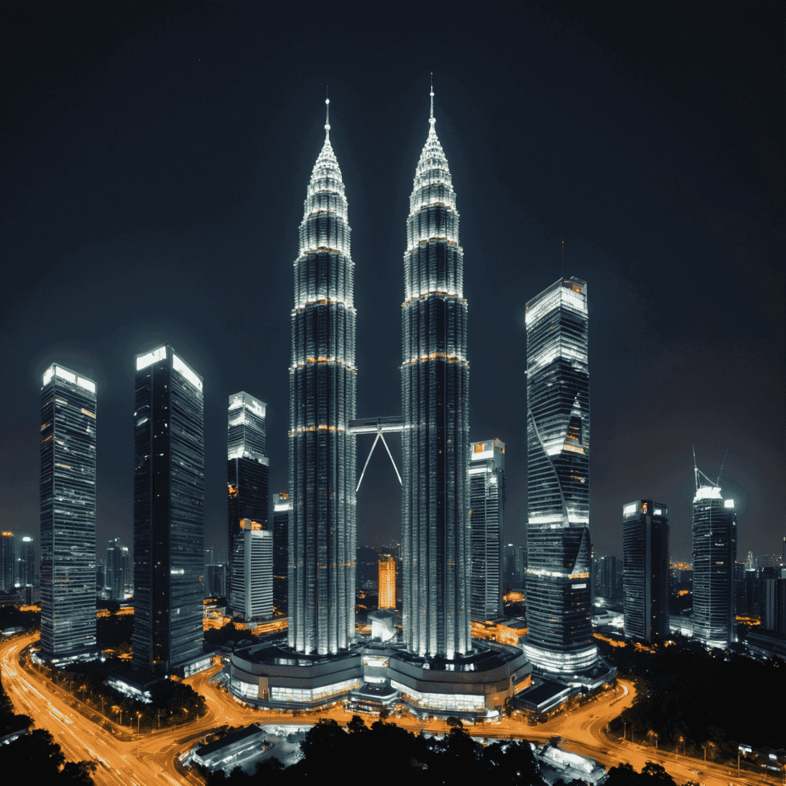 Panoramic view of the Petronas Twin Towers at night, illuminated against the Kuala Lumpur skyline