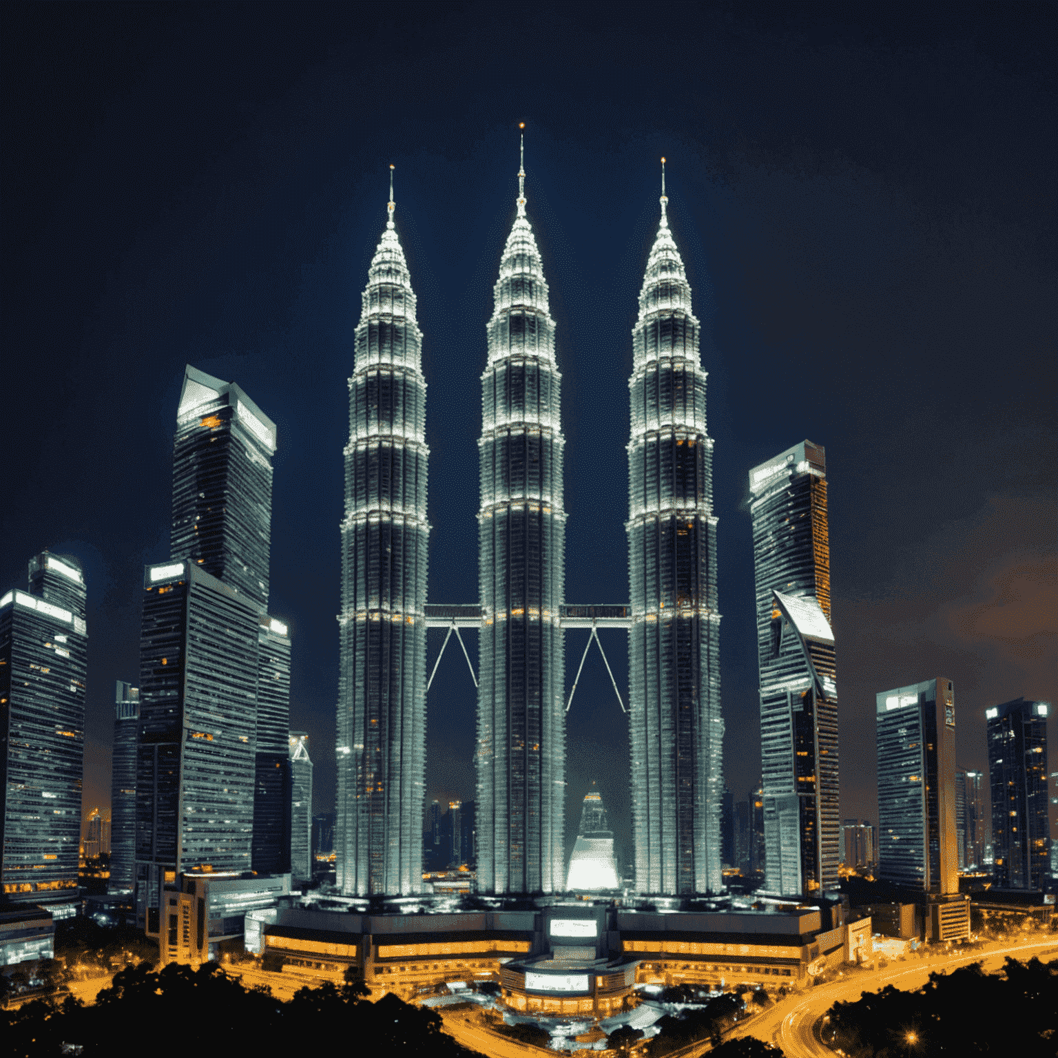 Panoramic view of the Petronas Twin Towers at night, illuminated against the Kuala Lumpur skyline