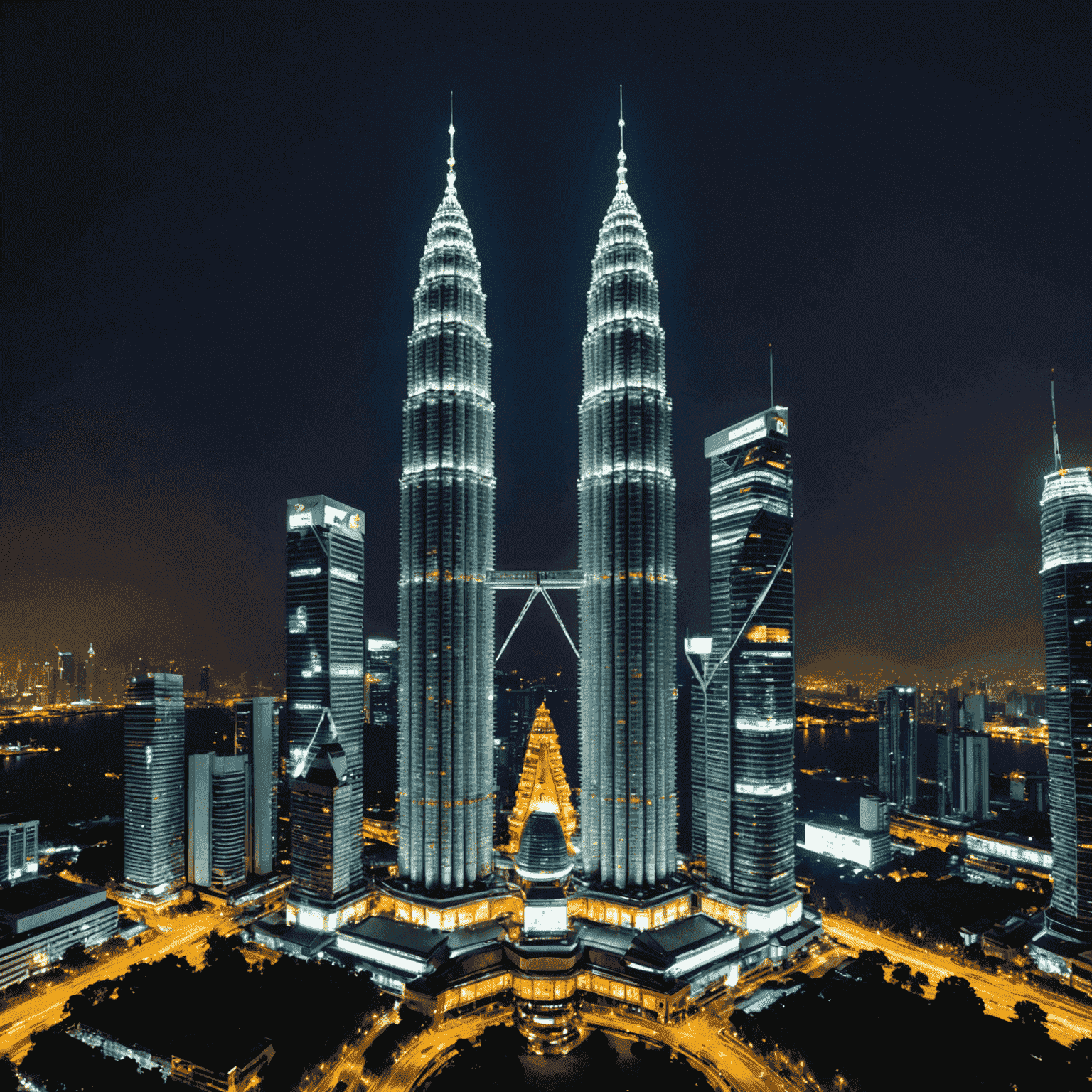 Petronas Twin Towers illuminated at night, dominating Kuala Lumpur's skyline, symbolizing Malaysia's economic growth