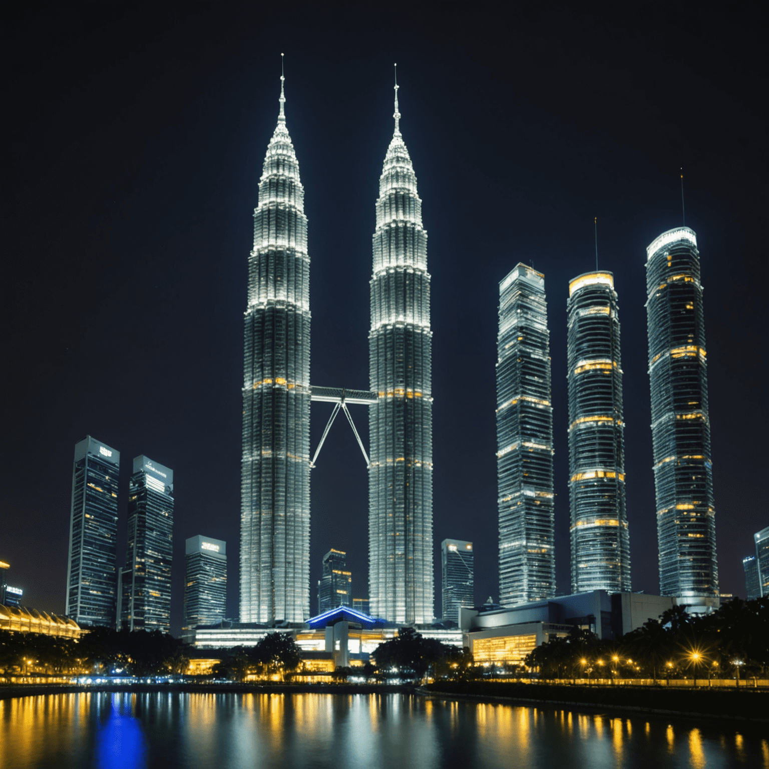 Petronas Twin Towers at night, illuminated against the Kuala Lumpur skyline, showcasing their iconic bridge and sleek design