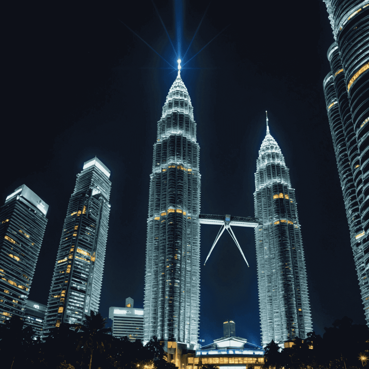 Petronas Twin Towers illuminated at night, showcasing a dazzling display of lights against the dark sky. The towers' iconic silhouette is accentuated by a brilliant array of white and blue lights, reflecting off the surrounding buildings and creating a mesmerizing cityscape.