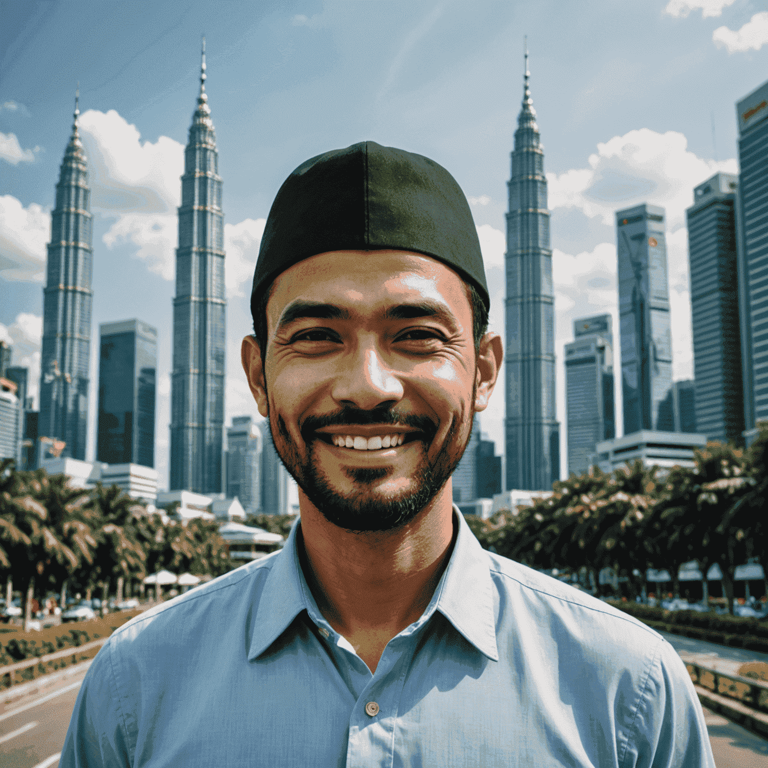 Portrait of Ahmad Razak, a Malaysian man in his 40s with a neatly trimmed beard, wearing a traditional Malay cap and a collared shirt, smiling warmly. The Petronas Twin Towers are visible in the background.