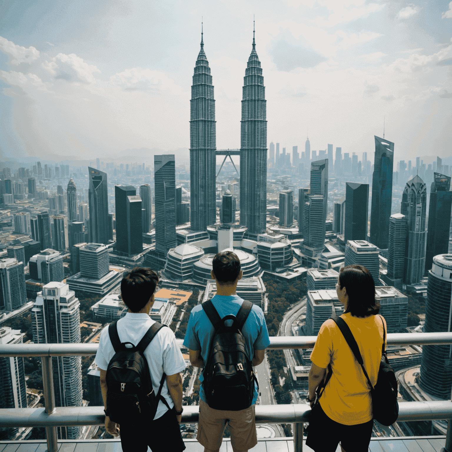 Tourists admiring the Petronas Twin Towers from the observation deck, with city views in the background