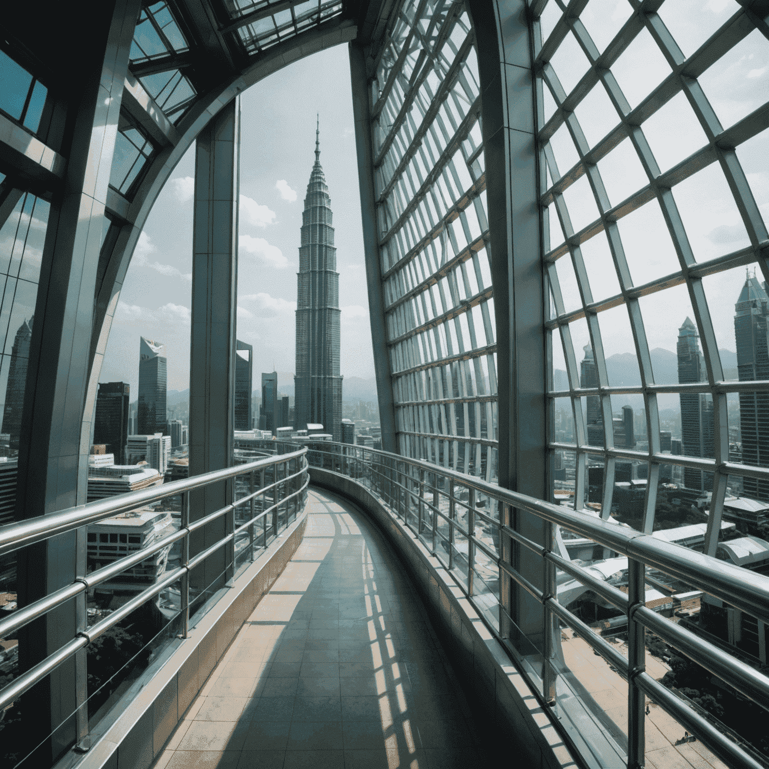 Interior view of the Petronas Twin Towers Skybridge, showing its curved structure and panoramic windows