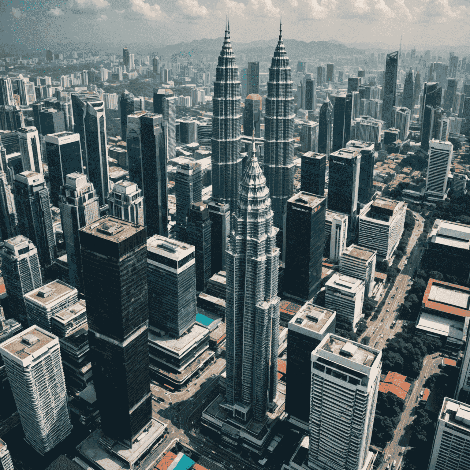 Aerial view of Kuala Lumpur's business district with Petronas Twin Towers at the center, surrounded by modern skyscrapers and busy streets