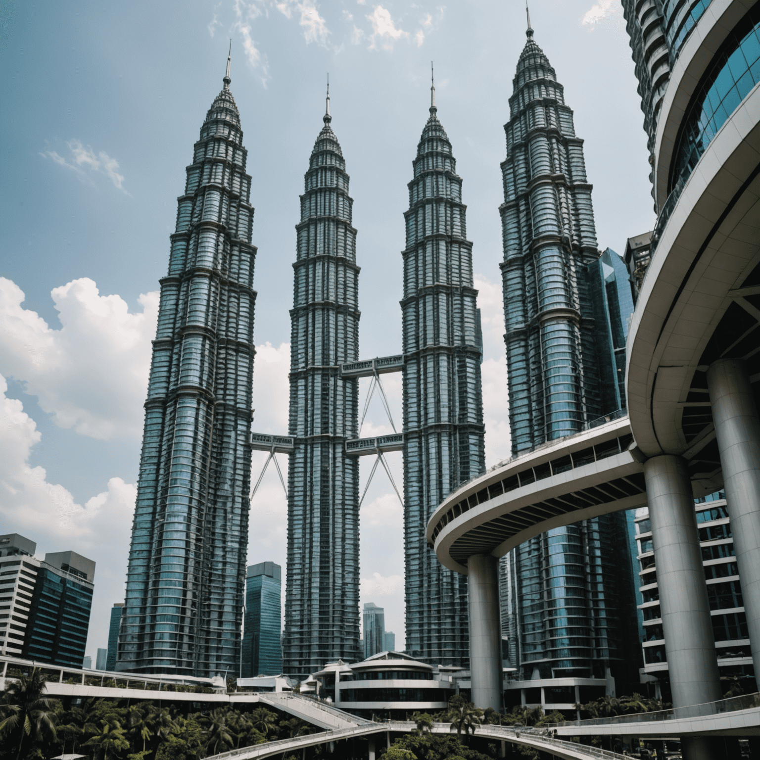 Close-up of the Petronas Twin Towers' Islamic-inspired geometric patterns and the Skybridge connecting the two towers