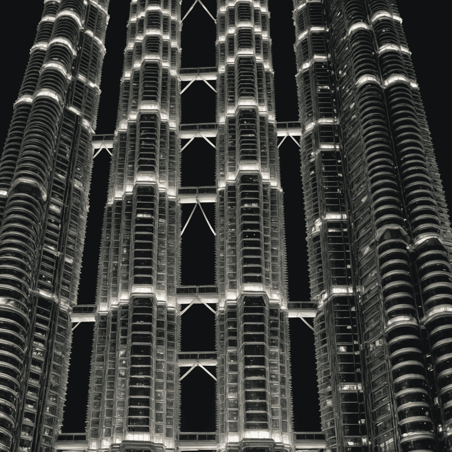 Close-up view of the Petronas Twin Towers' façade at night, showing the intricate Islamic-inspired geometric patterns illuminated by carefully placed LED lights. The image captures the detail of the architecture bathed in a soft, white glow.