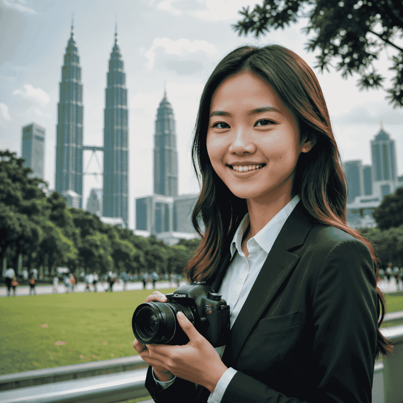 Portrait of Emily Chen, a young Chinese-Malaysian woman in her late 20s with long dark hair, wearing a modern business attire, holding a camera and smiling. The KLCC park is visible in the background.