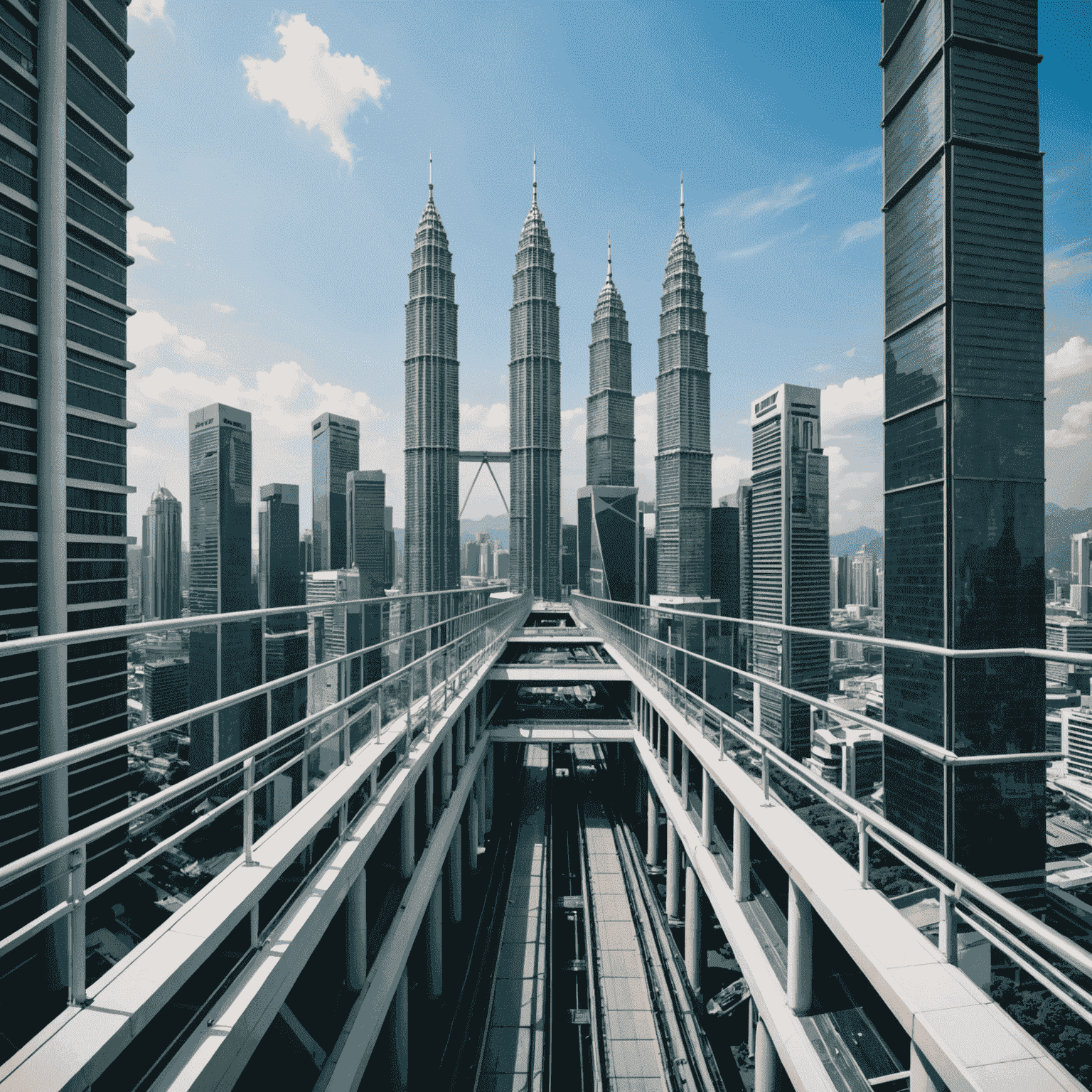 View of the iconic double-decker skybridge connecting the Petronas Twin Towers, with the city visible below