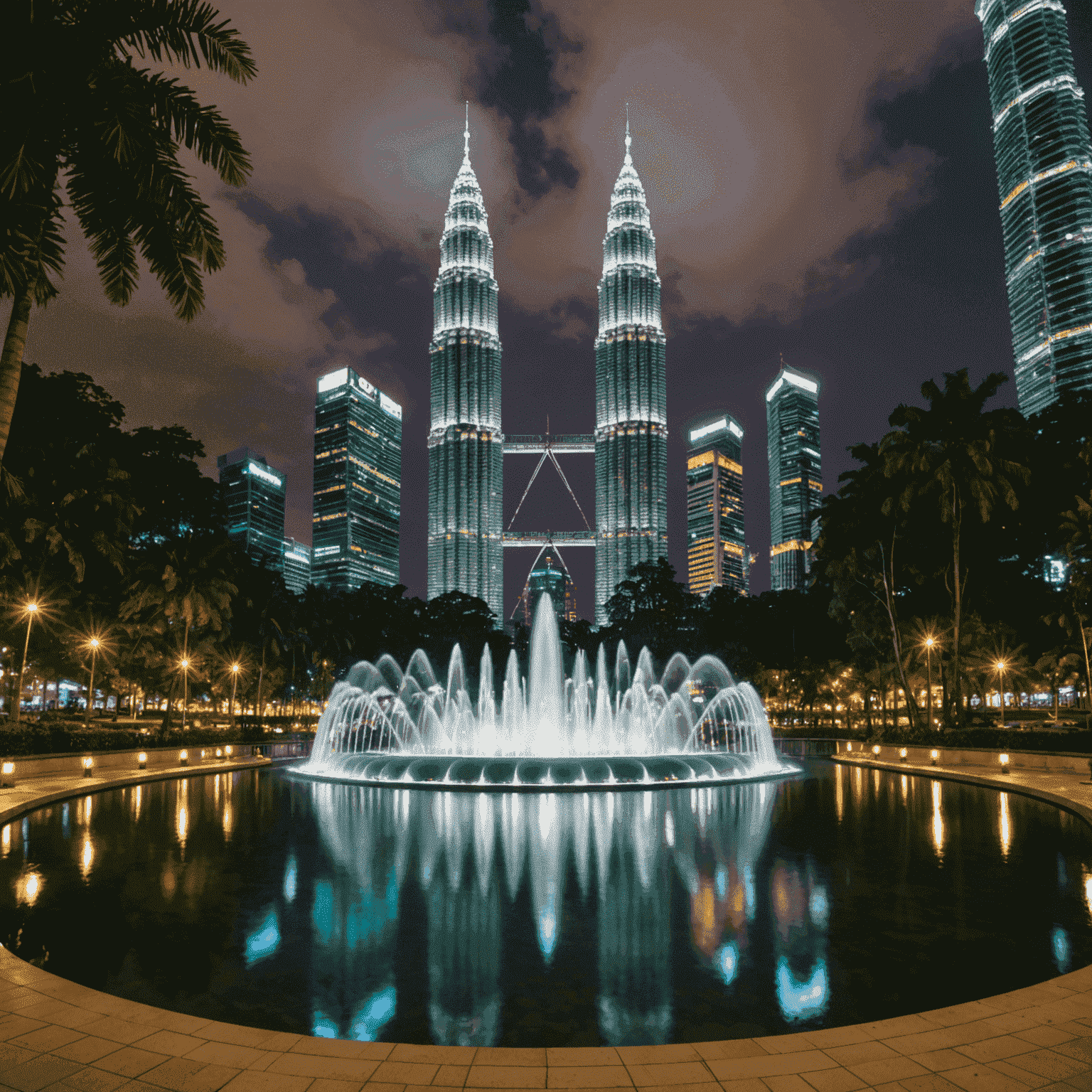 Evening view of the KLCC Park with illuminated fountains in the foreground and Petronas Twin Towers in the background