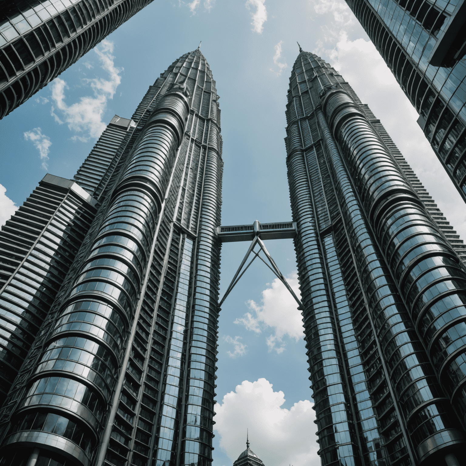 Close-up view of the Petronas Twin Towers' distinctive architecture, showcasing the Islamic-inspired design and the sky bridge connecting the two towers