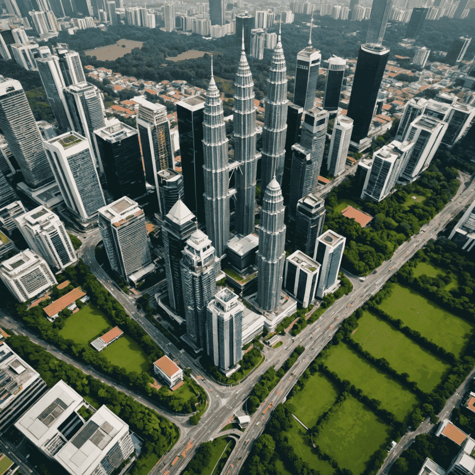 Aerial view of Kuala Lumpur with the Petronas Twin Towers dominating the cityscape, surrounded by modern buildings and lush greenery