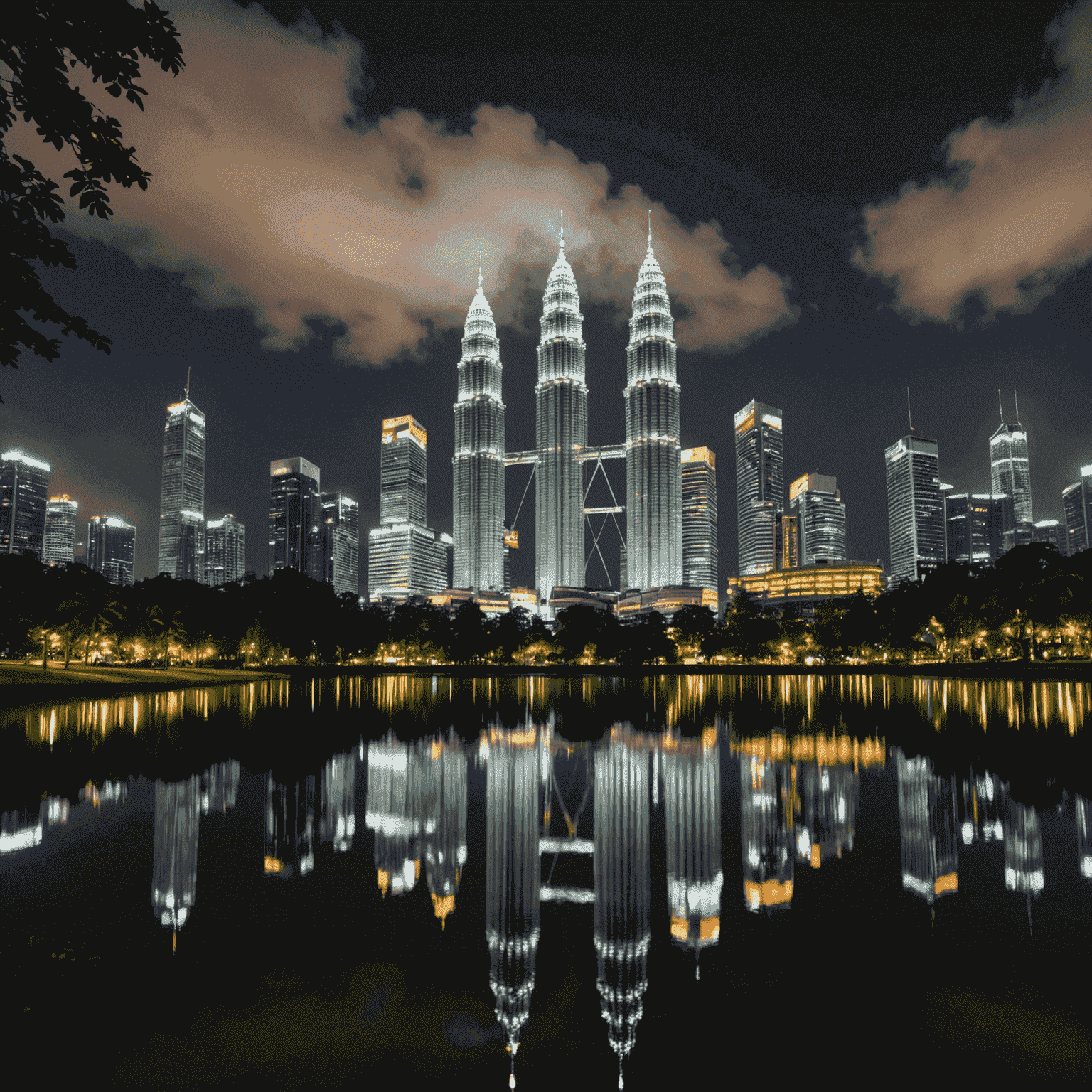 Panoramic view of the Kuala Lumpur skyline at night, with the illuminated Petronas Twin Towers as the centerpiece. The image shows the towers reflected in the KLCC Park's lake, surrounded by other lit buildings, creating a stunning urban landscape.