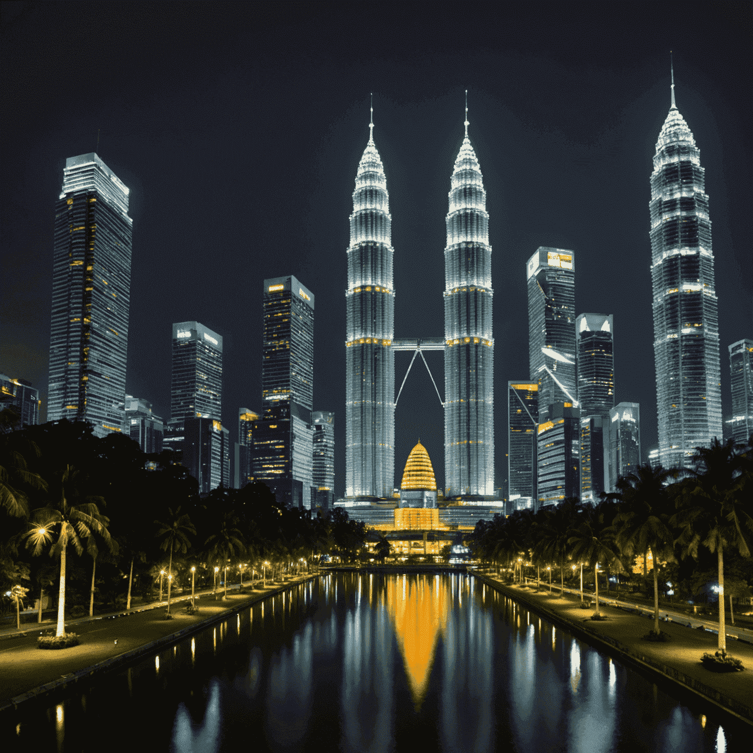 A panoramic view of the Petronas Twin Towers at night, illuminated against the Kuala Lumpur skyline. The towers' distinctive silver-colored facade and Islamic-inspired design are prominently featured, with the KLCC park visible in the foreground.