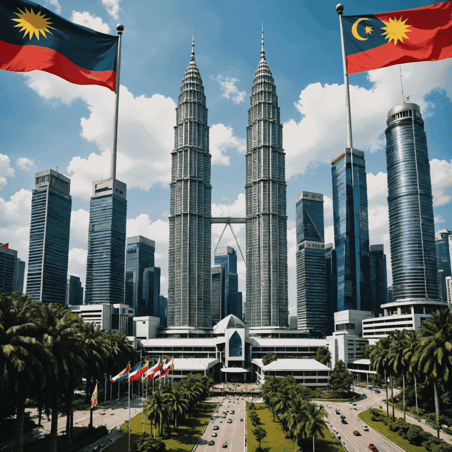 Montage of Petronas Twin Towers with Malaysian cultural symbols and flags