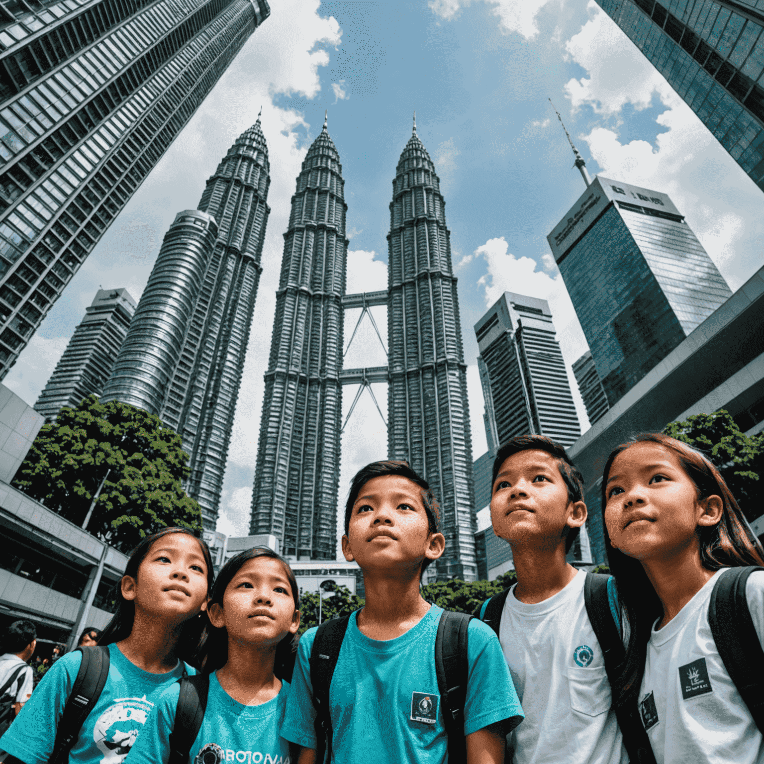 Young Malaysian students on an educational trip, looking up in awe at the Petronas Twin Towers