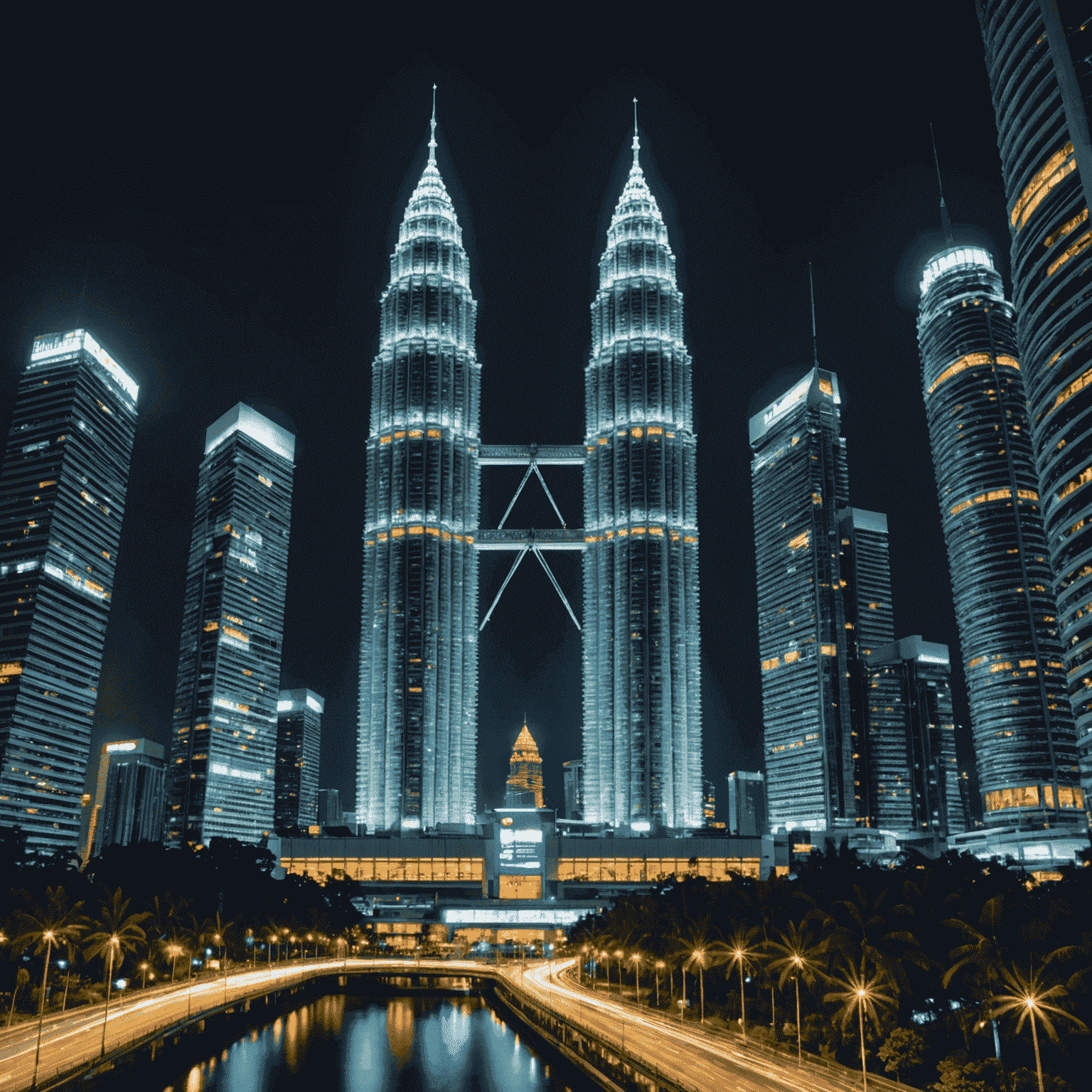 Long exposure photograph of Petronas Twin Towers illuminated at night with colorful light patterns